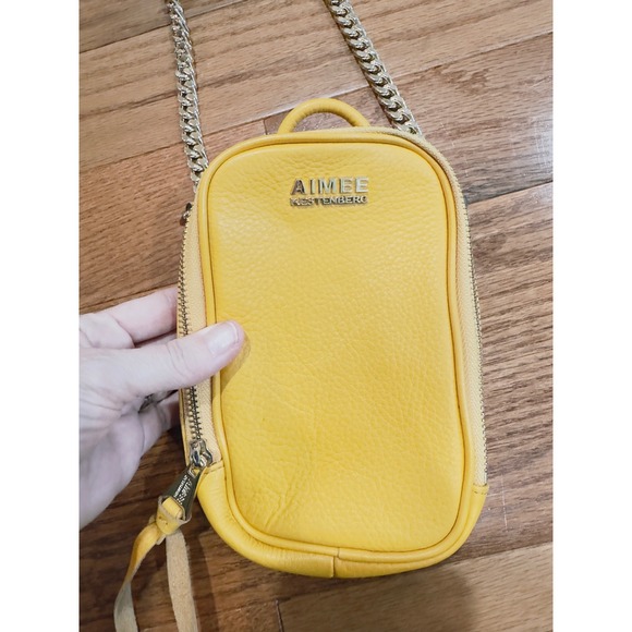 Aimee Kestenberg Yellow Pebbled Leather Crossbody Bag Gold Chain Strap - Picture 7 of 8